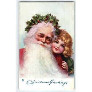 Santa Claus Christmas Postcard Curly Haired Girl Frances Brundage Tuck Oilette